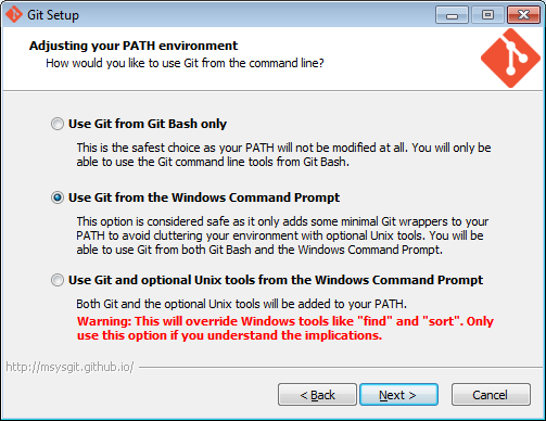 Se till att mittenvalet är gjort, du måste kunna använda Git från terminalen `cmd.exe`.