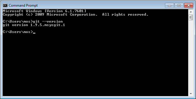 Kommandot Git finns nu i pathen och kan köras från `cmd.exe`.