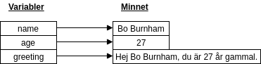 Variablerna 'name' och 'greeting' har värden i minnet.