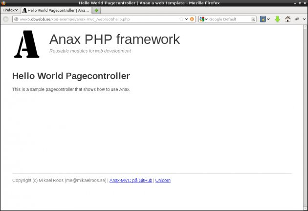 En hello world sidkontroller i Anax-MVC.