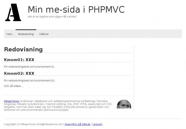 Sidan redovisning skrivs i Markdown som formatteras om till HTML.