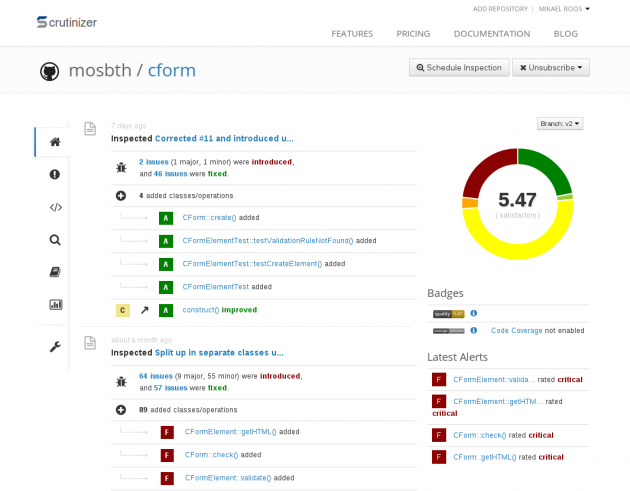 Scrutinizer kontrollerar din kodkvalitet och använder information från Travis för att analysera din code coverage.