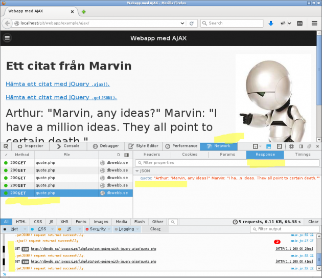 Debugga Ajax via devtools Console och Network.