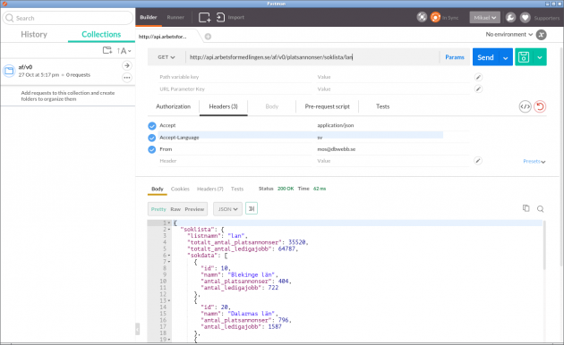En request mot ett API med Postman.