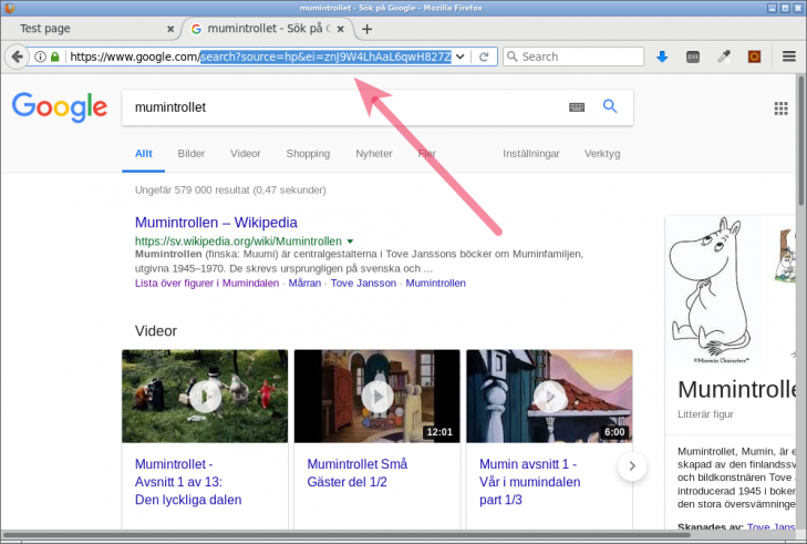 Sökmotorn Googles, nu med querysträngen som innehåller detaljer om min sökning.