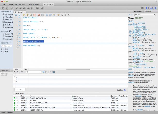 Testar olika kommandon i MySQL Workbench.