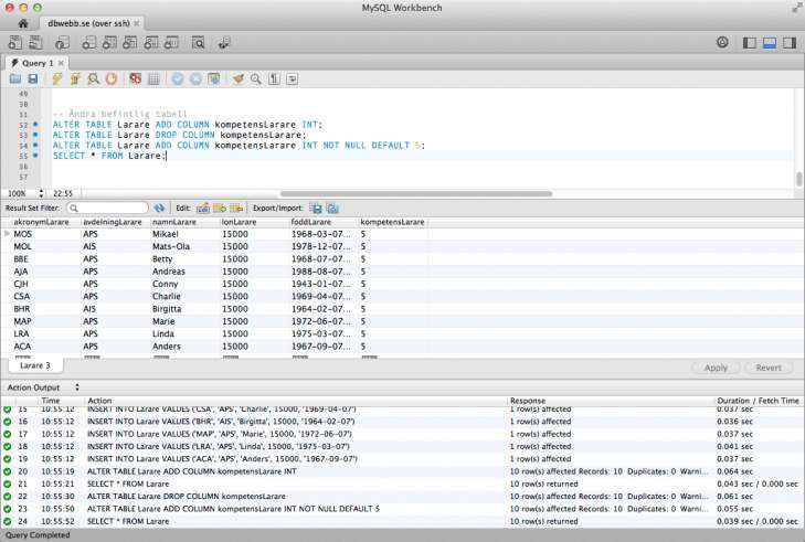 SQL som det ser ut i desktop-klienten MySQL WorkBench.