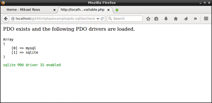 Installationen har stöd för PHP PDO och PDO extension för SQLite finns installerad.