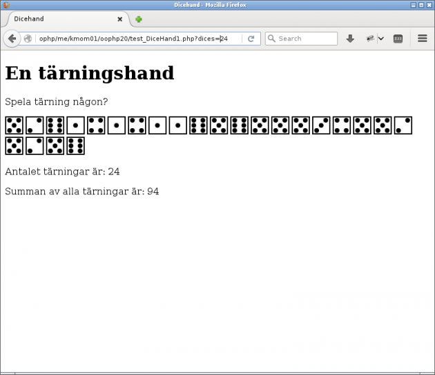 En tärningshand med <strike>fem</strike> 24 tärningar.