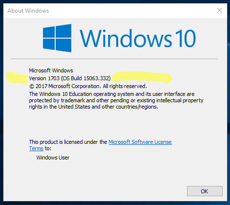 Version 1703 eller högre visat att Creators update är installerad.
