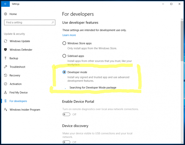 Sätt på Developer mode som ett steg i att installera Bash på Windows.