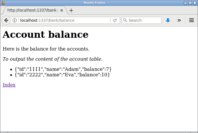 Balansen skrivs ut i form av ul/li och JSON.
