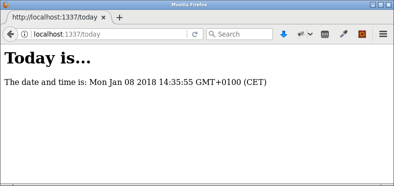 En HTML-sida genererad via en EJS-vy inklusive dynamisk information från JavaScript.