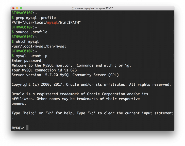 MySQL terminalklient startad i en terminal.
