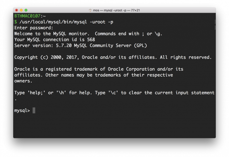 MySQL terminalklient startad i en terminal.