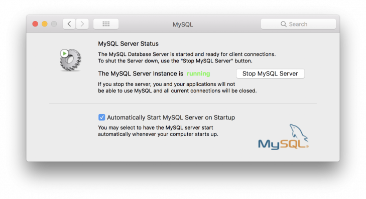 System Preferences innehåller en egen del för MySQL server där den kan stoppas och startas.