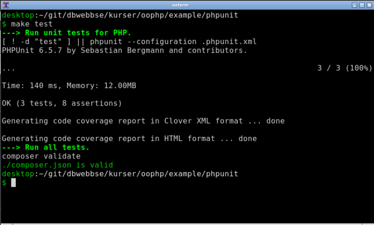 Enhetstestning med PHPUnit via en Makefile.