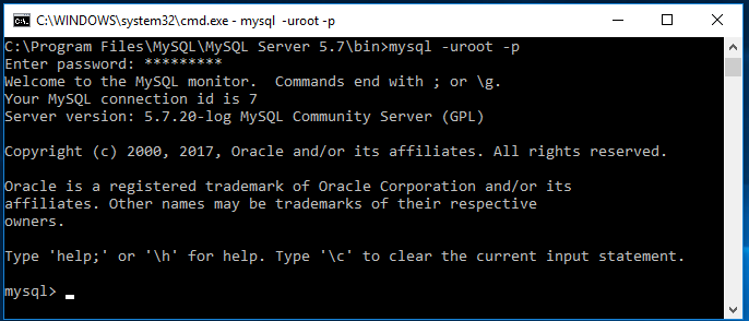 Startar MySQL terminalklient i Windows CMD-terminal.
