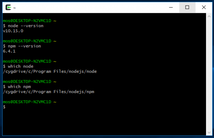 Node och npm går även att nå från Cygwin.