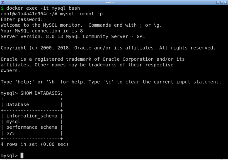 Med hjälp av mysql i docker-kontainern kan du koppla dig mot databasen.