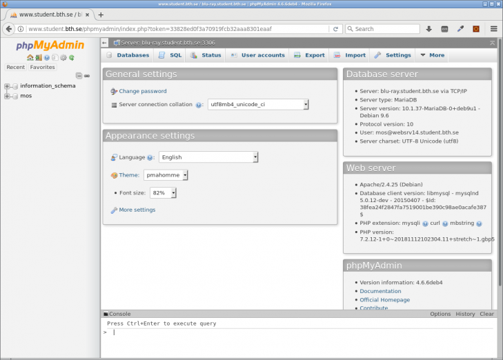 Hemsidan i phpmyadmin.
