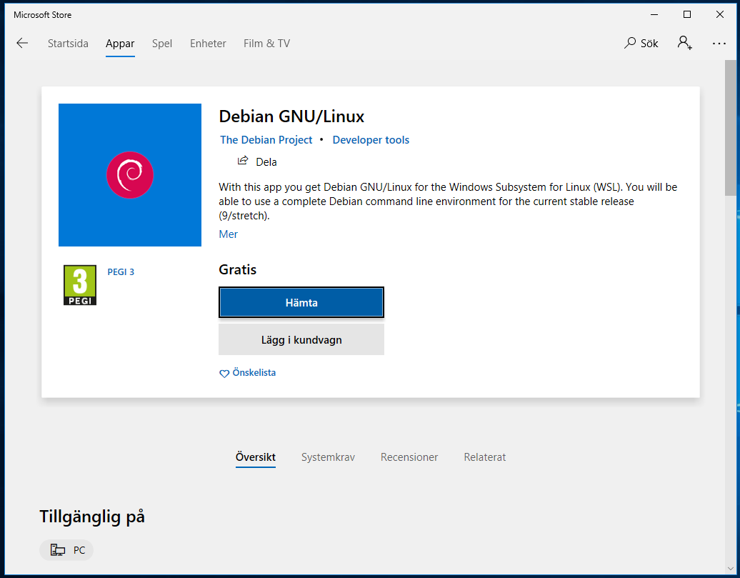 Installera Debian GNU/Linux via Windows Store.
