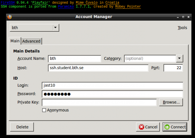 Inloggning till SSH via FireSSH i Firefox
