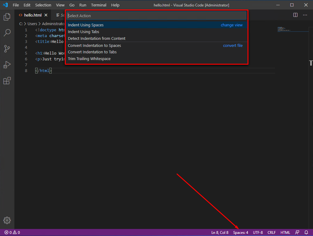 Tab Size menu