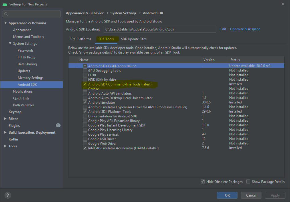 Android Studio SDK Manager commandline-tools.