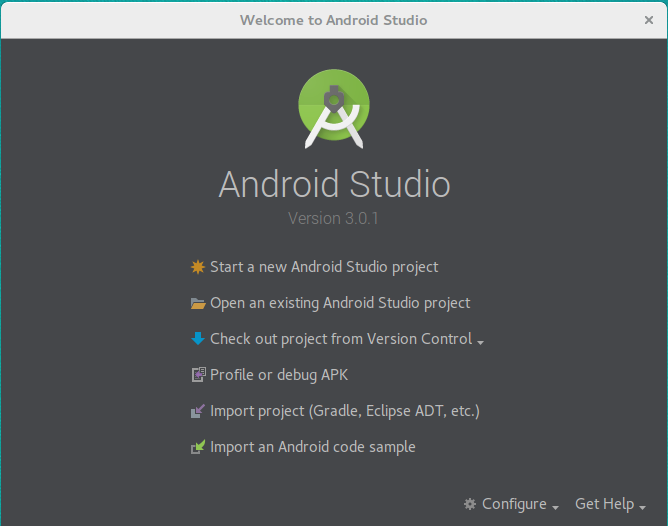 Android Studio startfönster.