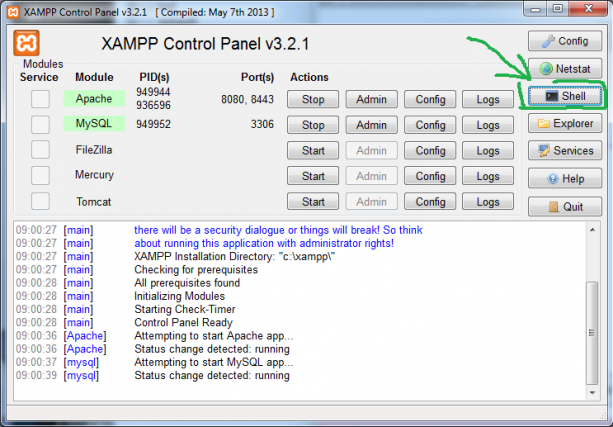 Starta ett shell i XAMPP.